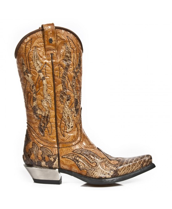 New Rock M.7921B C2 Custom Brown Faux Snakeskin Cowboy Boots